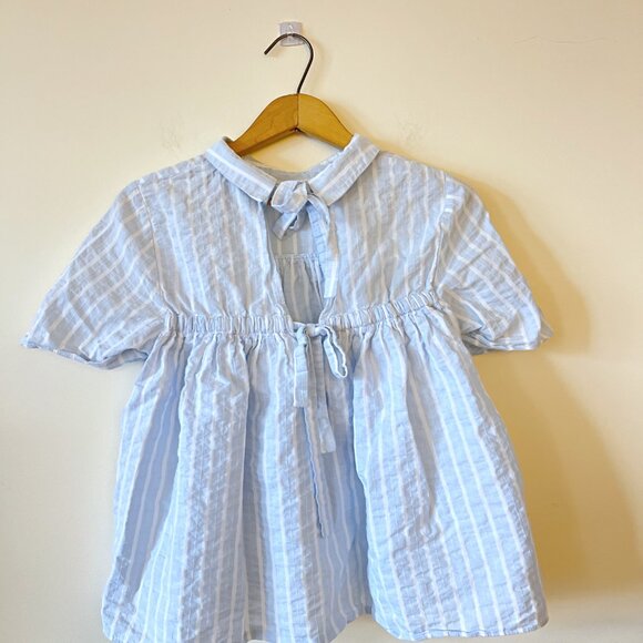 Zara Chambray Striped Short Sleeve Blouse with Tie Back_Size Small - Picture 2 of 7